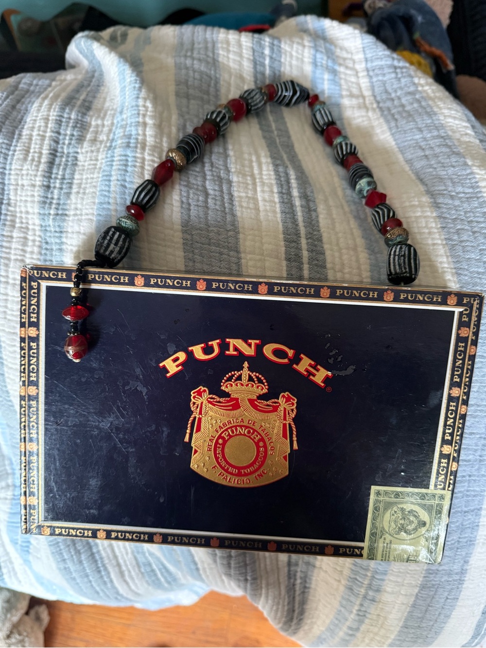 Punch Cigar Box Purse with Beaded Strap - Navy & Red